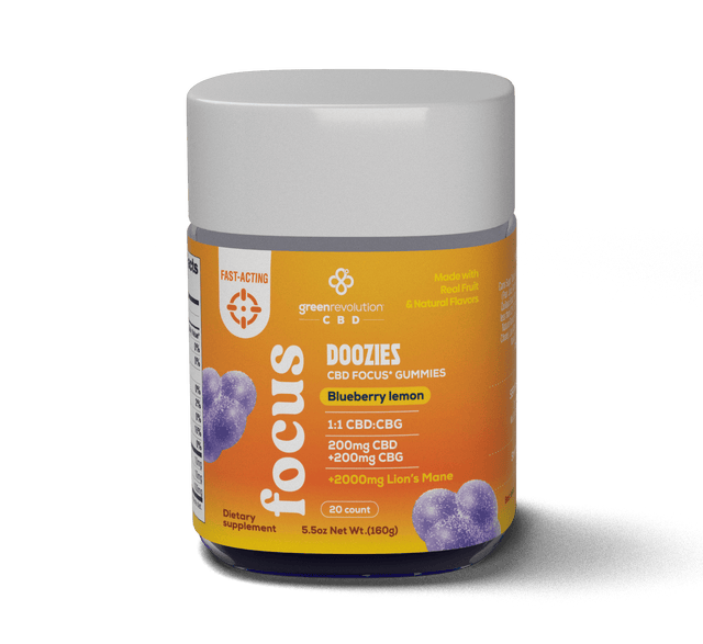 CBD Focus Blueberry Lemon Doozies with 10mg CBD, 10mg CBG and 100mg Lion's Mane per gummy