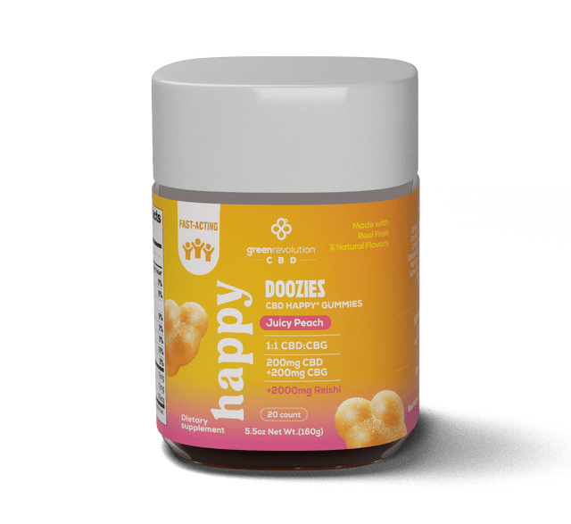 CBD Happy Juicy Peach Doozies with 10mg CBD, 10mg CBG and Reishi per gummy